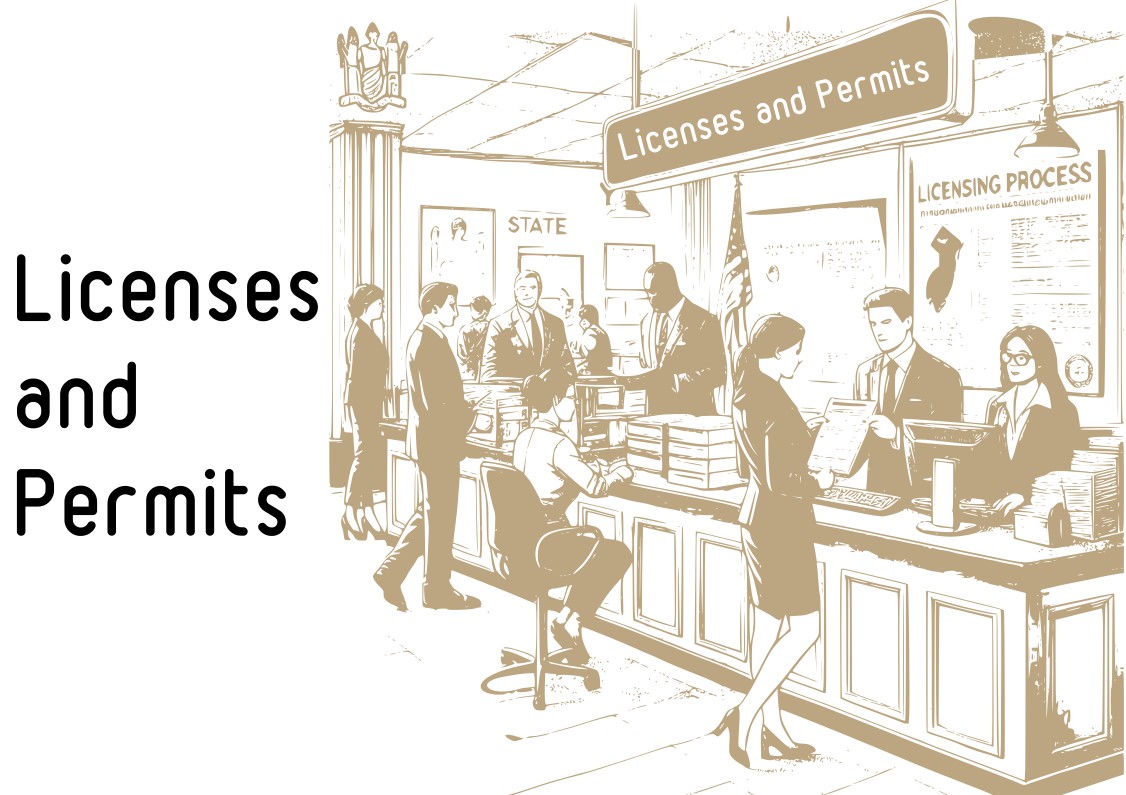 Text: Licenses and Permits in black. In gold people approaching office with giving licenses
